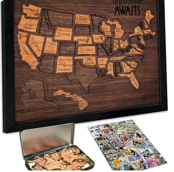 🔥Letzter Tag 49% RABATT -🇺🇸 Holz-USA-Reisekarte Puzzle🧩Eine stilvolle Art, Ihre Reise zu verfolgen