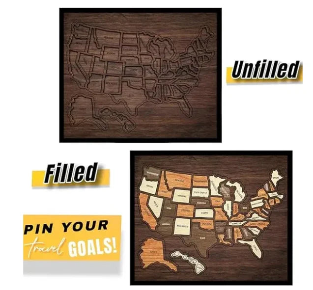 🔥Letzter Tag 49% RABATT -🇺🇸 Holz-USA-Reisekarte Puzzle🧩Eine stilvolle Art, Ihre Reise zu verfolgen