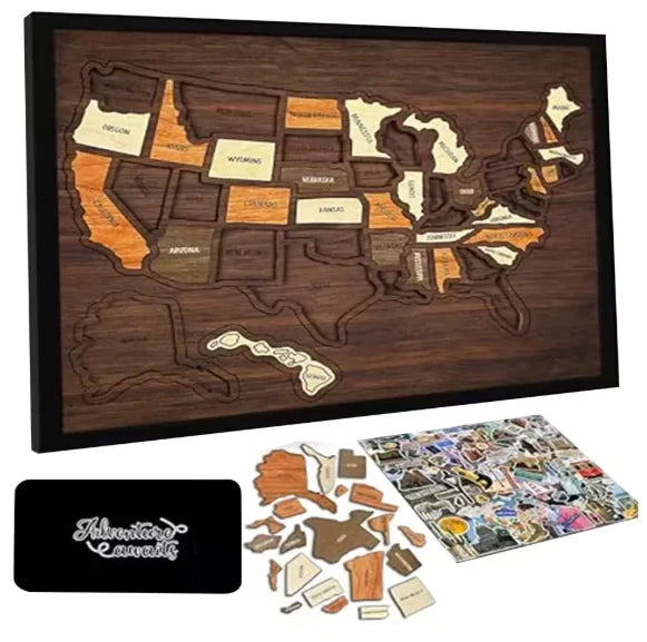 🔥Letzter Tag 49% RABATT -🇺🇸 Holz-USA-Reisekarte Puzzle🧩Eine stilvolle Art, Ihre Reise zu verfolgen