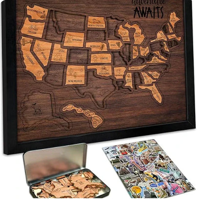🔥Letzter Tag 49% RABATT -🇺🇸 Holz-USA-Reisekarte Puzzle🧩Eine stilvolle Art, Ihre Reise zu verfolgen
