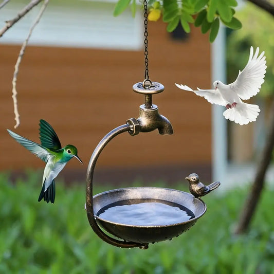 Hanging Bird Feeder With Ornamental Bird & Tap Handmade Metal Art Home Garden Deck Patio Decor Native Avian Seed Feeder Bowl Unique Quality