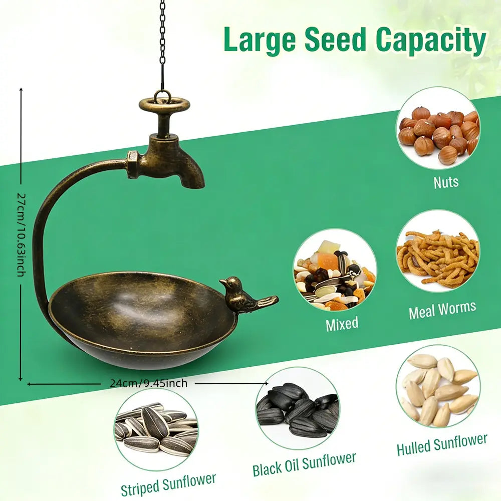 Hanging Bird Feeder With Ornamental Bird & Tap Handmade Metal Art Home Garden Deck Patio Decor Native Avian Seed Feeder Bowl Unique Quality