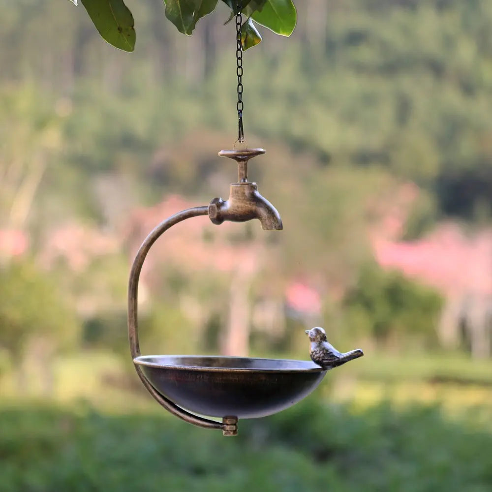 Hanging Bird Feeder With Ornamental Bird & Tap Handmade Metal Art Home Garden Deck Patio Decor Native Avian Seed Feeder Bowl Unique Quality
