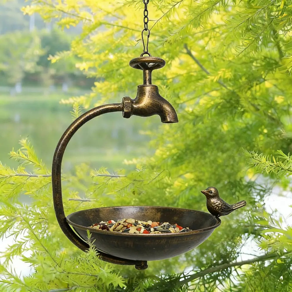Hanging Bird Feeder With Ornamental Bird & Tap Handmade Metal Art Home Garden Deck Patio Decor Native Avian Seed Feeder Bowl Unique Quality