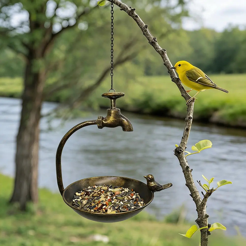 Hanging Bird Feeder With Ornamental Bird & Tap Handmade Metal Art Home Garden Deck Patio Decor Native Avian Seed Feeder Bowl Unique Quality