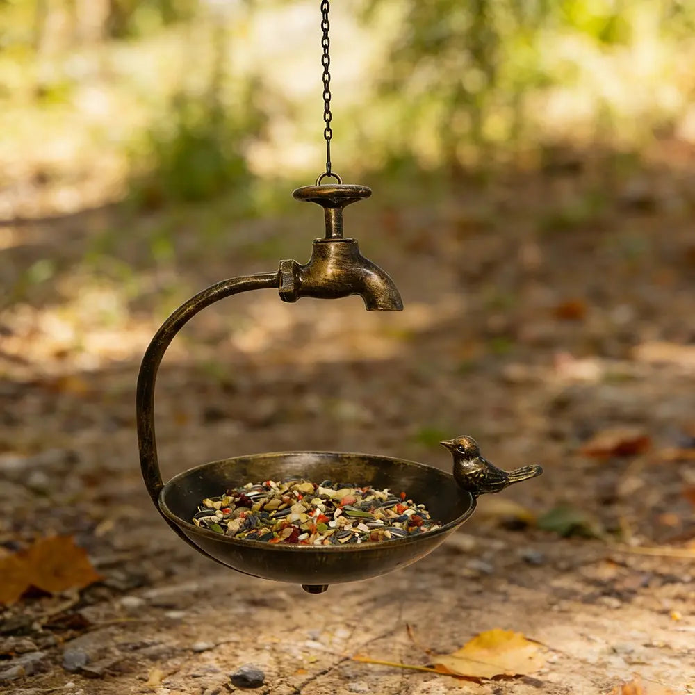 Hanging Bird Feeder With Ornamental Bird & Tap Handmade Metal Art Home Garden Deck Patio Decor Native Avian Seed Feeder Bowl Unique Quality