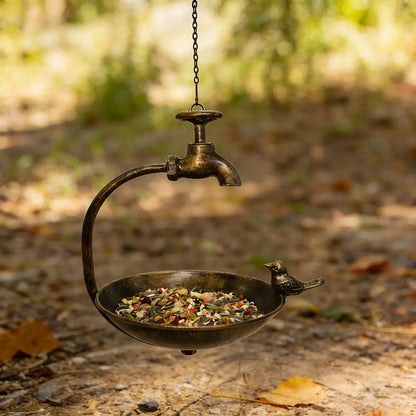 Hanging Bird Feeder With Ornamental Bird & Tap Handmade Metal Art Home Garden Deck Patio Decor Native Avian Seed Feeder Bowl Unique Quality